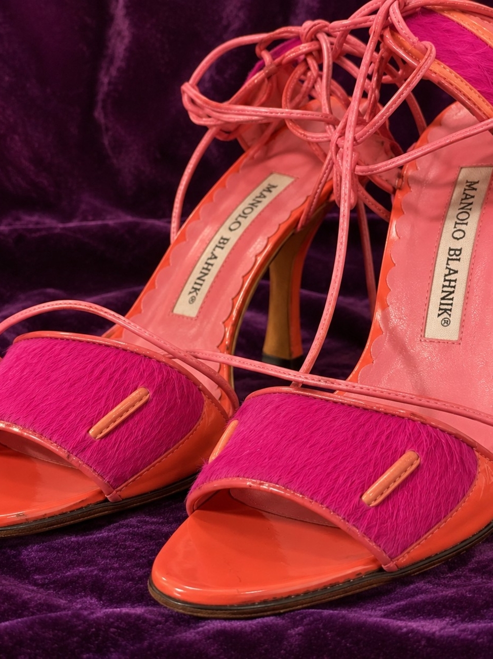 Manolo Blahnik Pink and Coral Lace-Up Strappy Heels